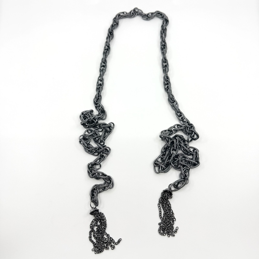 Vintage Gunmetal Lariat Necklace Chunky Chain Tassel Gothic Boho